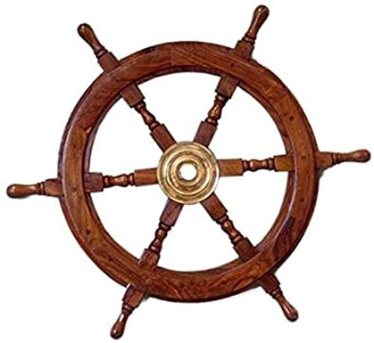 NauticalMart 24" Wood and Brass Nautical Ship Wheel Marine Decor Hand Crafted Boat Ship Steering Wheel Fish Wall Hanging Wheel for Home, Outdoor & Ocean - Brown - 24 Inches