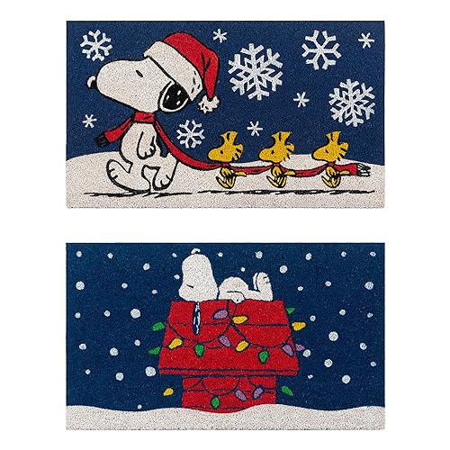 Gertmenian Peanuts Coir Mat (2-Pack), Welcome Mats for Front Door, Home Entrance, Garage, and Back Door, Home Decor, 20" x 34" Each, Snoopy Snowflake/Dog House Lights, 80004 - Snoopy Snowflakes/Dog House Lights