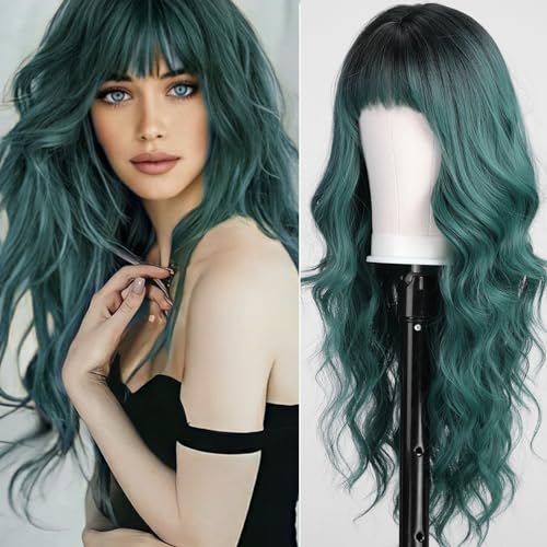 KOME Green Wigs with Bangs,Green Wig for Women Highlight Long Wavy Wig for Women,Long Curly Wigs Synthetic Hair Wig for Party Cosplay Daily Use 26IN… - Ombre Green