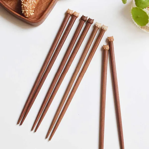 Handmade Cat Chopsticks Wood Chopstick Set Cat Lover Gifts - Cherry Wood