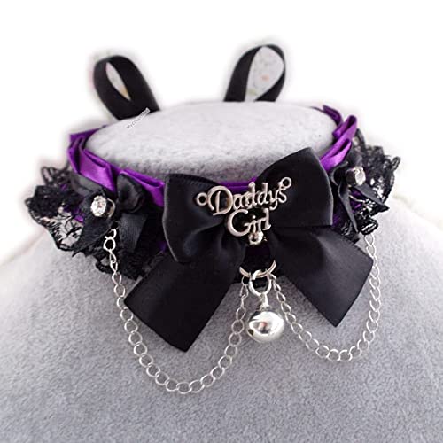 Daddys girl tag purple choker necklace, kitten play collar, black lace rhinestone bling bow chain with bell, kawaii pastel goth DDLG (14, purple) - 14.0 Inches - purple