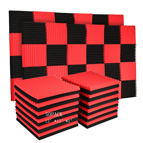 Burdurry 50 Pack Acoustic Panels Soundproof Studio Foam for Walls Sound Absorbing Panels Sound Insulation Panels Wedge for Home Studio Ceiling, 1" X 12" X 12" (50PCS, Black&Red) - 50Pack Black&Red