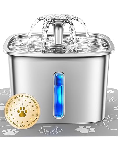 Veken Innovation Award Winner Stainless Steel Cat Water Fountain, 95oz/2.8L Automatic Pet Fountain Dog Water Dispenser with Replacement Filters & Silicone Mat for Cats, Dogs, Multiple Pets (Silver) - Silver+2 Filters+2 Sponges