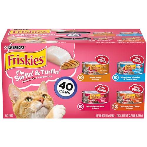 Purina Friskies Wet Cat Food Variety Pack, Surfin' & Turfin' Prime Filets - (40) 5.5 oz. Cans - Chicken, Ocean Whitefish & Tuna, Salmon & Beef, Chicken & Tuna - 5.50 Ounce (Pack of 40)