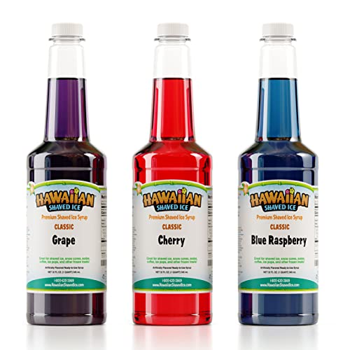 Hawaiian Shaved Ice Syrup Quart 3-pack, Cherry, Grape, & Blue Raspberry, for Slushies, Italian Soda, Seltzers, Popsicles, & More, No Refrigeration Needed, Allergy-friendly - 32 Fl Oz (Pack of 3)