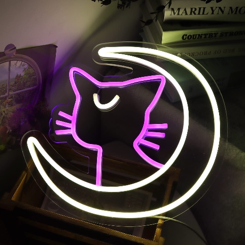 Vinray Sailor Moon Cat Neon Sign,Large Size 13*12 inches Anime Cartoon Neon Sign,Purple Cat Yellow Moon With Dimming Button,Magic Moon Cat Neon Sign for Girls Room Wall Decor,Kids Room Decor,Moon Light For Children's Gift. - sailor moon