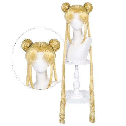 LABEAUTÉ Long Curly Golden Ponytails Wig with Buns for Women Girls Cosplay Costume Anime Blonde Pigtails Wig with Bangs + Cap