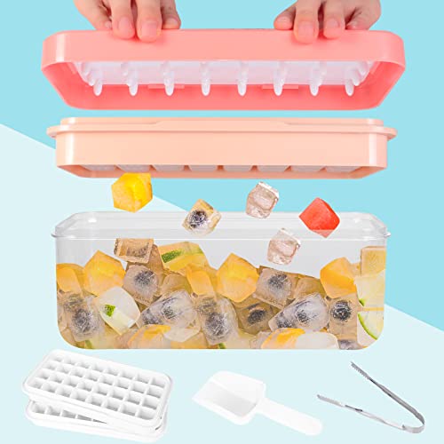 Ice Cube Tray with Lid, 2 * 32 Stackable Ice Trays for Freezer with Ice Bin, Scoops, Tongs, Ice Molds Press to Release All Ice Pink - Pink
