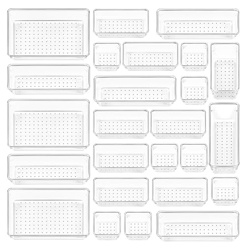 Vtopmart 25 PCS Clear Plastic Drawer Organizers Set, 4-Size Versatile Bathroom and Vanity Drawer Organizer Trays, Storage Bins for Makeup, Bedroom, Kitchen Gadgets Utensils and Office - Clear
