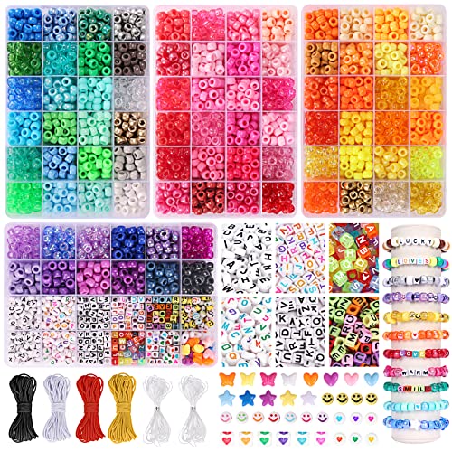 QUEFE 4900pcs Pony Beads Kit, Friendship Bracelet Making Kit with 84 Colors Kandi Beads, 3780pcs Rainbow Hair Beads 1080pcs Letter Heart for Craft Gifts Bracelets Jewelry Making with Elastic Strings - 84 colors