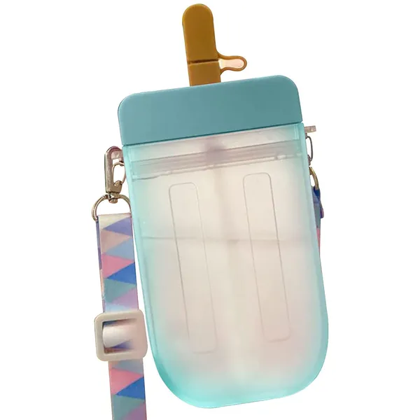 300 ML Cute Water Bottle with Straws,Colorful Popsicle Shaped Plastic For Kids Drinking Water,Creative Outdoor Sport Cup (Blue) - Blue