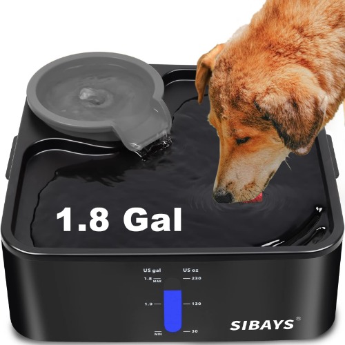 1.8 Gallon Pet Water Fountain,SIBAYS Extra Large Quiet Dog Water Fountain, BPA-Free, Splash Proof, 5 Layers Filtration System, Gray Dish