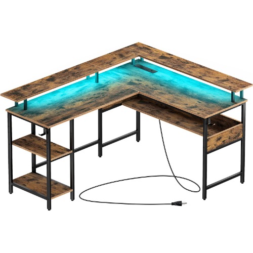 Rolanstar Computer Desk L Shaped with LED Strip & Power Outlets, Reversible L Shaped Computer Corner Desk with Monitor Stand, Home Office Gaming Desk with USB Port&Hook, Rustic Brown - Rustic Brown