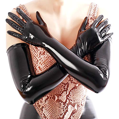 Ftshist Women's Shiny Long Gloves Faux Leather Wet Look Arm Length Gloves for Ladies - Black - 24'' M