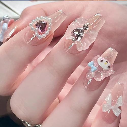 24Pcs Nude Press on Nails Medium Square Fake Nails Glossy Glue on Nails with 3D Kawaii Heart Bow Charms Design French Stick on Nails Cute False Nails Artificial Acrylic Nails for Women Girls Manicure - Cute French Tips Nails-9