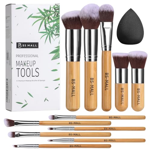 BS-MALL Makeup Brush Set 11Pcs Bamboo Synthetic Kabuki Brush Set Foundation Powder Blending Concealer Eye shadows Blush Cosmetics Brushes with Organizer Bag & Makeup Sponge - Bamboocolor