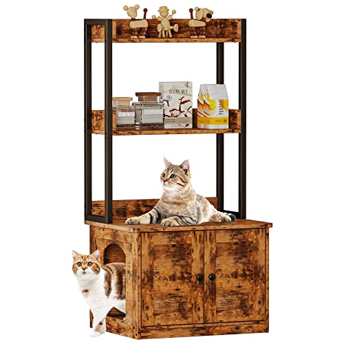 IRONCK Litter Box Enclosure with 3 Shelves and Doors, Large Wood Hidden Cat Cabinet Pet Crate Indoor Cat House Furniture, Vintage Brown - 3 shelves