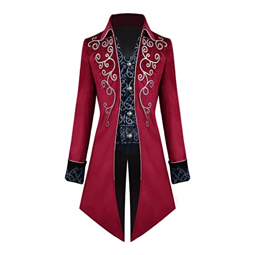 KGIHPC Men's Steampunk Vintage Tailcoat Jacket Medieval Gothic Victorian Frock Uniform Halloween Costume - 3XL - Red