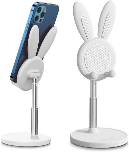 OATSBASF Cute Bunny Phone Stand, Angle Height Adjustable Cell Phone Stand for Desk, Thick Case Friendly Phone Holder Stand, Compatible with iPhone, Kindle, iPad, Switch, Tablets, All Phones (White) - White