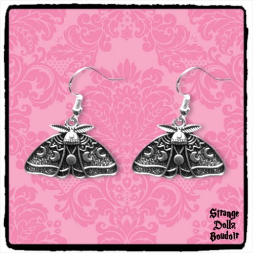 Lunar Moth earrings, 925 sterling silver, Moonphase Celestial Witchy Gothic, Strange Dollz Boudoir - Leaver backs 925 sterling silver