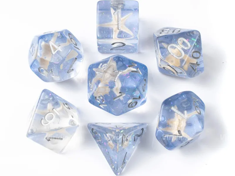 Blue Stars | Starfish Inside, Glittery Resin Dice Set (7) | Dungeons and Dragons (DnD)