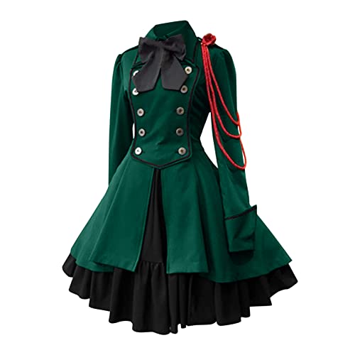 Womens Lolita Gothic Dress with Vintage Bow Ruffle Steampunk Dress Long Sve Short Renaissance Faire Costume - B-green - Medium