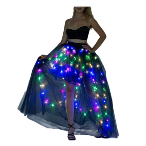 QooGoo Women Tulle Tutu Skirts,LED Light Up Long High Low Ruffles - Balck+smart Led - Medium