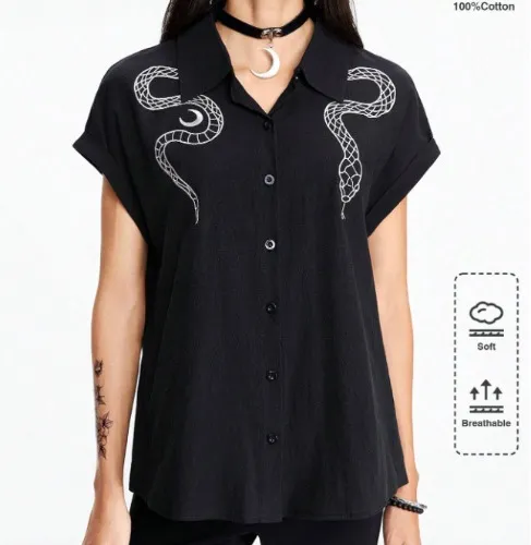 Goth Women Casual Snake Embroidered Shirt