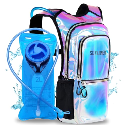 Sojourner Hydration Pack, Hydration Backpack - Water Backpack with 2l Hydration Bladder, Festival Essential - Rave Hydration Pack Hydropack Hydro for hiking, running, biking, festival gear - Holographic - Blue