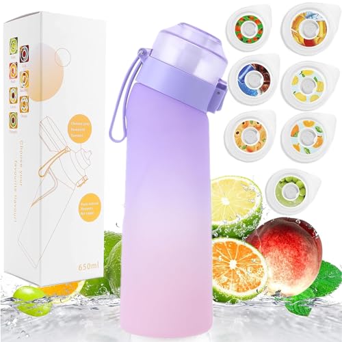 Air Water Bottle with 7 Flavor Pods, 650ML Fruit Fragrance Water Bottle, 0% Sugar Water Cup BPA Free, Sports Water Cup Suitable for Gym and Outdoor Sports (Purple+Cup brush)
