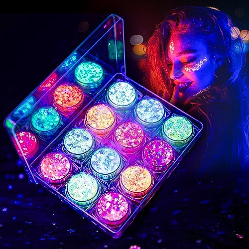 Glow in The Dark Glitter Gel for Women, 12 Colors Chunky Makeup Fine Glitter, UV Black Light Glitter for Body/Face/Hair/Eyeshadow, Glitter for Carnival Party(Not Loose Glitter)