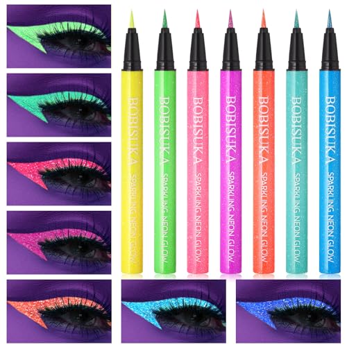 BOBISUKA UV Shimmer Glow Liquid Eyeliner Set, 7 Colors Glitter Neon Colored Eyeliners Pen, Colorful Waterproof Pigmented Graphic Liners, Metallic Eye Makeup Kit for Rave Accessories Party - UV Sparkling Eyeliner Kit