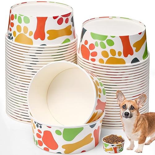 Reallnaive 60 Pcs 42 oz/ 5.2 Cups Disposable Pet Bowls Bulk Large Dog Feeding Bowls with Printed Pattern Travel Bowls for Feeding Dogs and Cats Puppies Pet Paper Food Bowls for Dry Wet Food Water