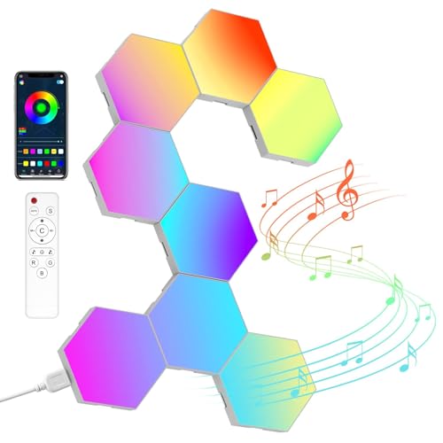 NIUCOO 8 Pack Hexagon Led Lights Wall Panels: RGB Gaming Lights with APP Smart Modular Panel Hex Tiles Push Glide Expansion Shapes Lights - 8 Pack