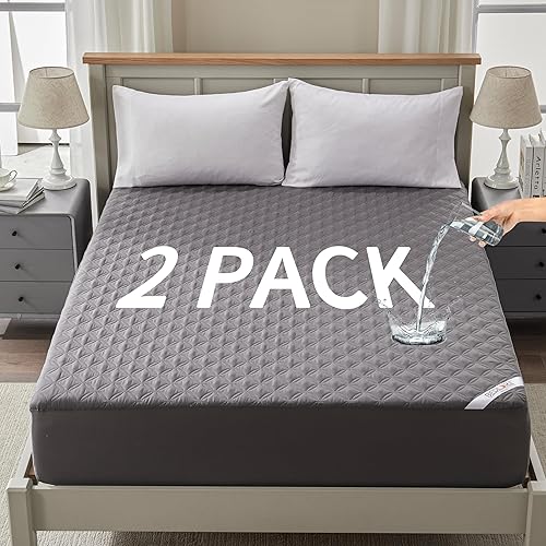 2 Pack Waterproof Mattress Protector, Queen Size Mattress Pad Noiseless with Deep Pocket Fitted for 6"-18", Soft Breathable Dirt-Proof Bed Mattress Cover Washable for Home, Bedroom, Hotel (Gray) - Queen - Gray 2 Pack