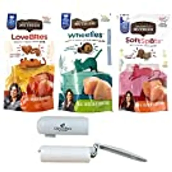 Cleverlane Market Lint Roller for Pet Hair Bundle with Rachael Ray Cat Treats Variety Sampler Pack of 3 Nutrish Treat Flavors (Love Bites Salmon, Wheelies Chicken, Soft Spots Salmon)