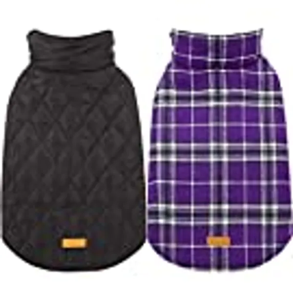 Kuoser Warm Dog Coat, Reversible Dog Jacket Waterproof Dog Winter Coat British Style Plaid Dog Clothes Pet Dog Cold Weather Coats Cozy Snow Jacket Vest for Small Medium Large Dogs Purple M