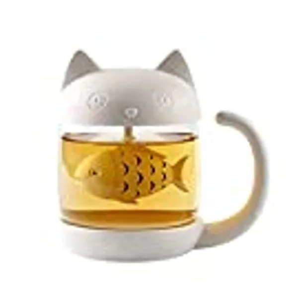 JEWOSTER Cute Cat Glass Cup Tea Mug With Fish Tea Infuser Strainer Filter