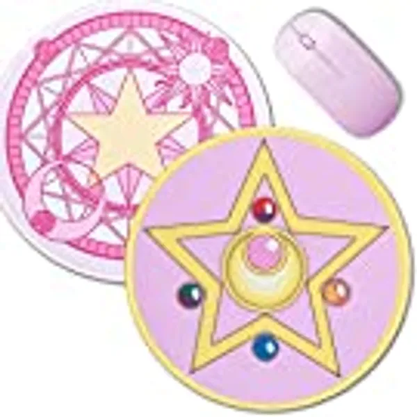 Glopastel Anime Mouse Pads | 2 Pack Sailor Moon Cardcaptor Sakura Bundle Cute Round Magic | Pastel Pink Kawaii Japanese Star | Non-Slip Rubber Mousepads for Office Gaming PC Laptop (Pink Yellow)