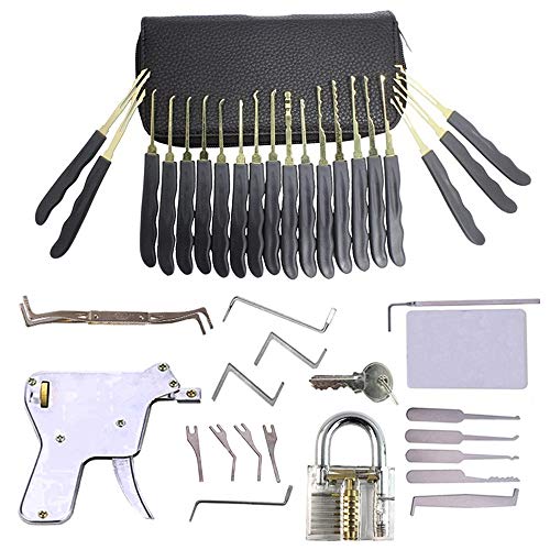 28-teiliges Dietrich Set mit transparenten Vorhängeschloss/Sicherheitsschloss und Lockpick-Pistole und 5-in-1 Kreditkarte Lockpicking-Set