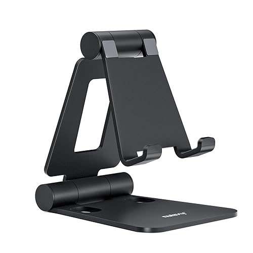 NULAXY Phone Stand, Fully Foldable Angle Height Adjustable Mobile Phone Holder Cradle Dock Aluminum Desk Compatible with iPhone 16 15 14 13 12 11 Pro Max XR X 8, HUAWEI, Galaxy, All Phones - Black - A-Black