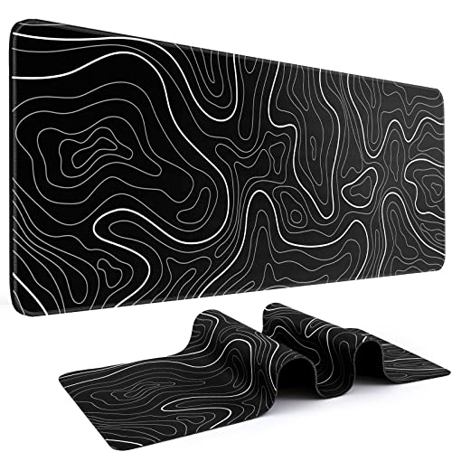 DIGSOM Gaming Mouse Pad Large Keyboard Pad 31.5 x 11.8in Topographic Mouse Pad Black and White Mouse Pad for Keyboard with Anti-Slip Rubber Base, Extended Desk Pad XL Keyboard Pad Mouse Mat - Pattern 1