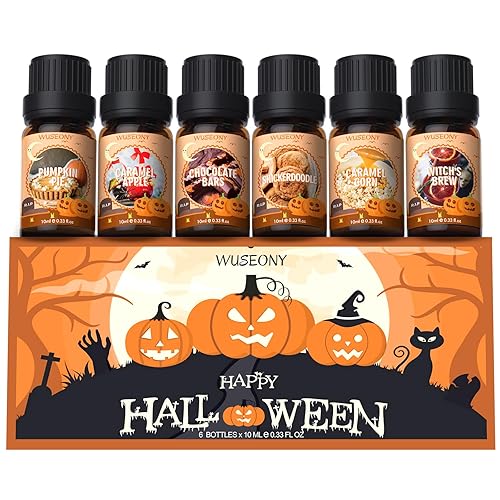 WUSEONY Halloween Fragrance Oils Set, Essential Oils for Diffusers Home, Scented Oils for Candle Soap Making - Pumpkin Pie, Caramel Apple, Chocolate Bars, Snickerdoodle, Caramel Corn, Witch's Brew - Halloween