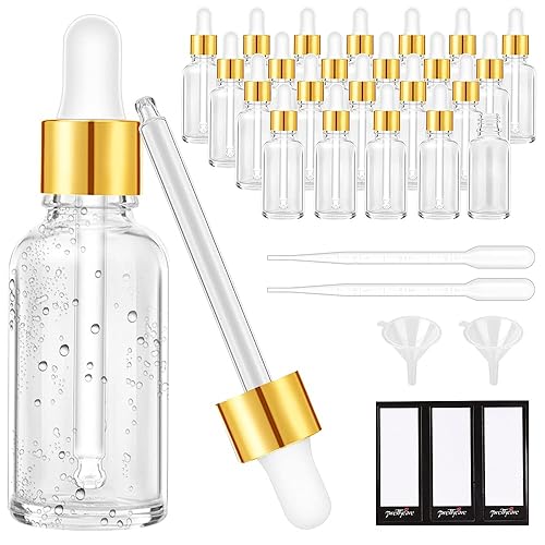 PrettyCare 1oz Glass Dropper Bottle 24 Pack Clear Glass Bottles Empty with 2 Funnels & 2 Long Pipettes, 30ml Eye Dropper Bottles for Essential/Cuticle/Body Oils, Tincture - 24 Pack - Clear