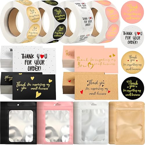 Leelosp 2280 Pcs Christmas Thank You Cards and Stickers Small Business Packaging Supplies Bracelet Jewelry Gloss Thank You for Supporting My Small Business Stuff Essentials(Black, White, Gold, Pink) - Black, White, Gold, Pink