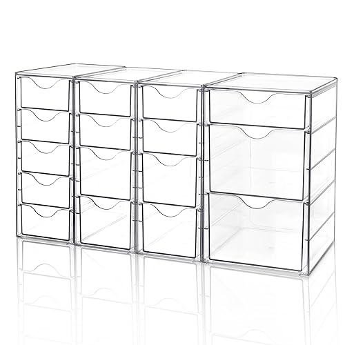 Vtopmart Acrylic Organizer with 16 Drawers (4 Set), Desk Organizers and Accessories, Clear Makeup Organizer, Dustproof Storage Drawers for Office Art Craft Supplies