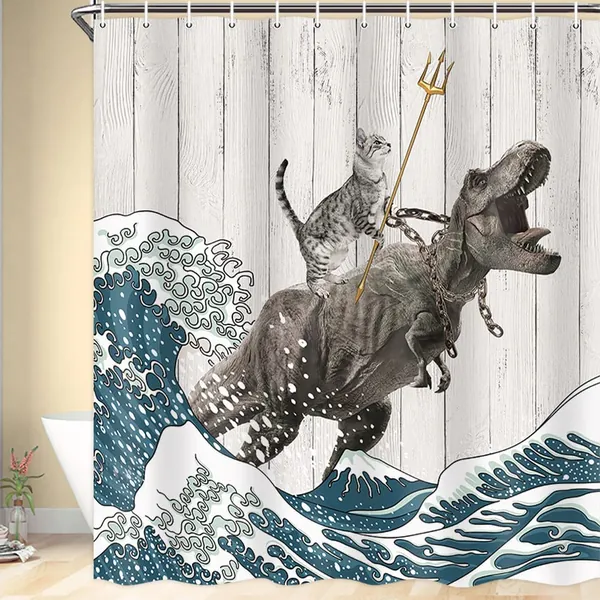 Funny Cat Shower Curtain, Cool Cat Dinosaur Japanese Ocean Wave Decor Fabric Bathroom Curtains, Kids Children Rustic Wooden Farmhouse Shower Curtain, 70X70 Inches - Grey 70X70