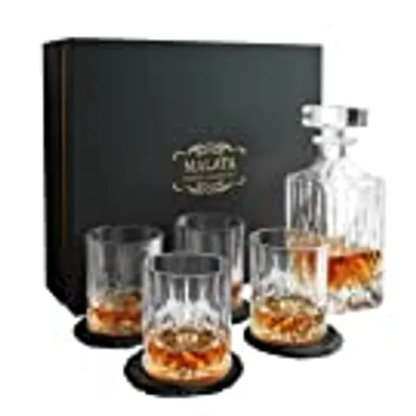 Whiskey Decanter and Glasses Set Crystal Bourbon Decanter Set with 4 Whiskey Glasses for Liquor Scotch Rum Vodka Gifts for Men Dad Husband Birthday Anniversary Plus 4 Free Coasters
