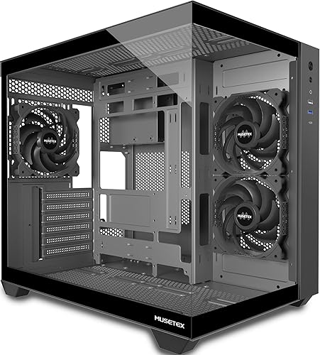 MUSETEX PC Case ATX, 3 Non-LED Fans Pre-Installed, 360MM RAD Support Computer Case, 270° Full-View Tempered Glass Mid Tower ATX Case, Type-C Gaming PC Case, Black, Y6
