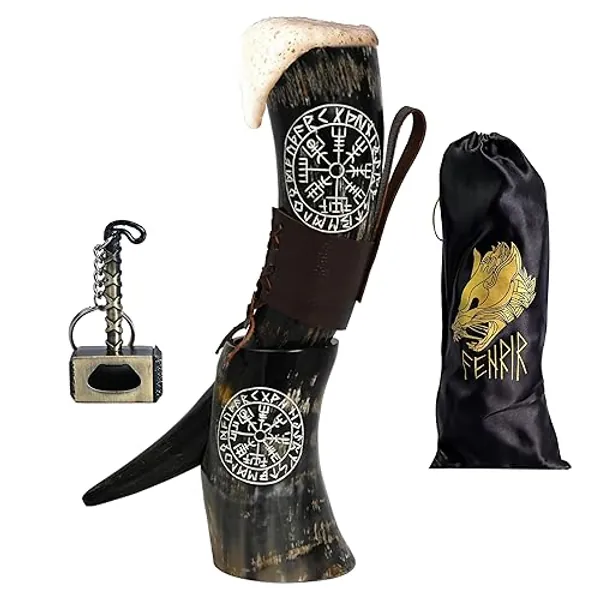 FENRIR Viking Drinking Horn with Stand Leather Brown Holster Opener for Wine Mead Beer Ale Horn Natural Polished (Size 15-18 Oz)
